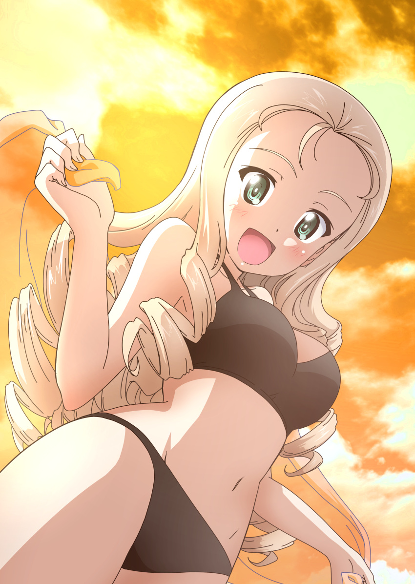 1girl :d absurdres bikini black_bikini blonde_hair breasts clouds cloudy_sky cowboy_shot drill_hair dutch_angle girls_und_panzer green_eyes highres holding holding_towel kanau long_hair looking_at_viewer looking_down marie_(girls_und_panzer) medium_breasts navel open_mouth orange_sky orange_towel outdoors sky smile solo standing sunset swimsuit towel