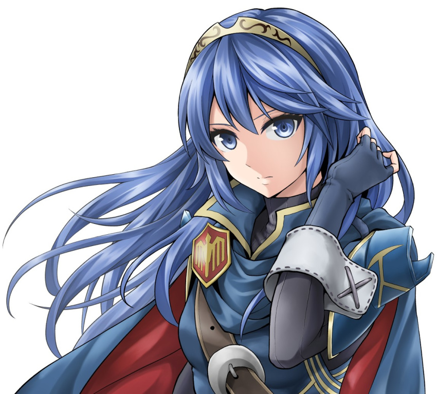 belt blue_cape blue_eyes blue_hair blue_shirt cape commentary fingerless_gloves fire_emblem fire_emblem_awakening gloves long_hair looking_at_viewer lucina lucina_(fire_emblem) shirt tenchan_man tiara