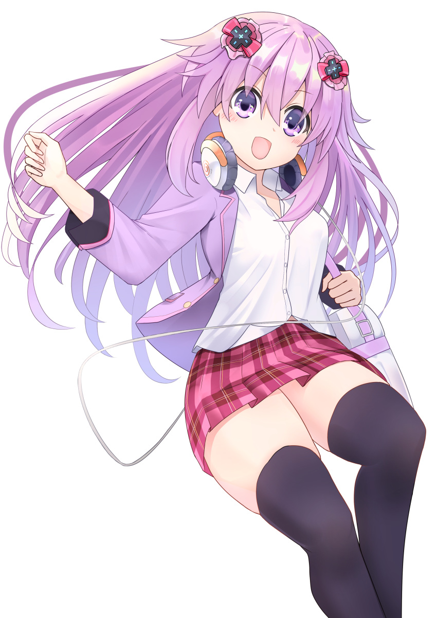 1girl absurdres adult_neptune alternate_costume bag bangs black_legwear blazer blush breasts collared_shirt commentary_request d-pad d-pad_hair_ornament eyebrows_visible_through_hair hair_between_eyes hair_ornament headphones headphones_around_neck highres jacket long_hair long_sleeves looking_at_viewer medium_breasts naoya_(naoya_ee) neptune_(series) open_blazer open_clothes open_jacket open_mouth plaid plaid_skirt purple_hair purple_jacket red_skirt shirt shoulder_bag sidelocks simple_background skirt solo thigh-highs violet_eyes white_background white_shirt
