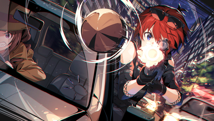 blue_eyes car gun idolmaster_million_live!_theater_days julia_(idolmaster) police redhead short_hair