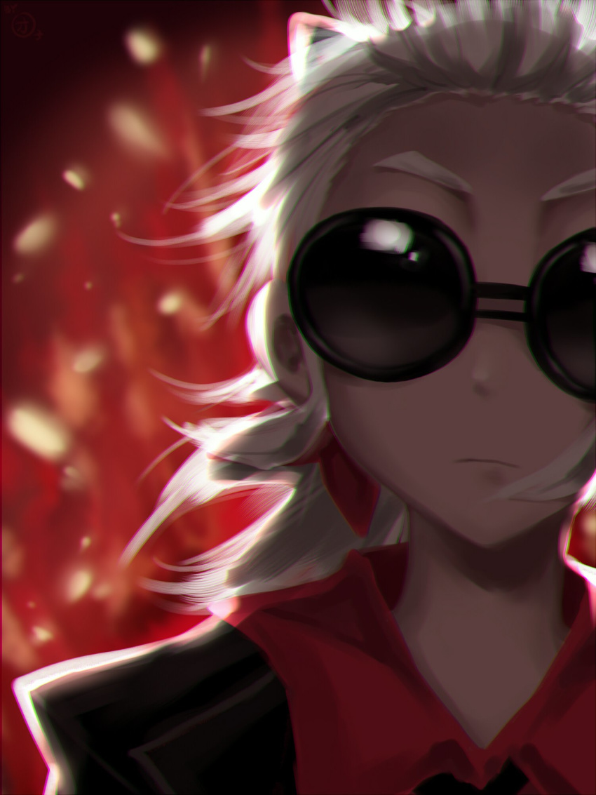 1girl black-framed_eyewear black_horns casual_suit demon_girl forehead glasses helltaker highres horns justice_(helltaker) opaque_glasses portrait red_shirt shirt solo sunglasses tangtuanzi white_hair