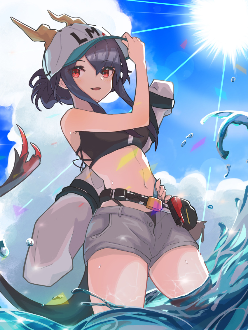 1girl :d absurdres adjusting_clothes adjusting_hat arknights bangs bare_arms bare_shoulders baseball_cap belt bikini black_bikini blue_sky ch'en_(arknights) clouds commentary_request cowboy_shot day dragon_horns dragon_tail eyebrows_visible_through_hair furuki_ayaginutaira grey_shorts hand_up hat highres horns horns_through_headwear long_hair looking_at_viewer navel open_fly open_mouth partial_commentary pouch purple_hair red_eyes short_shorts shorts sidelocks sky smile solo standing stomach sun swimsuit tail thighs wading water water_drop white_headwear