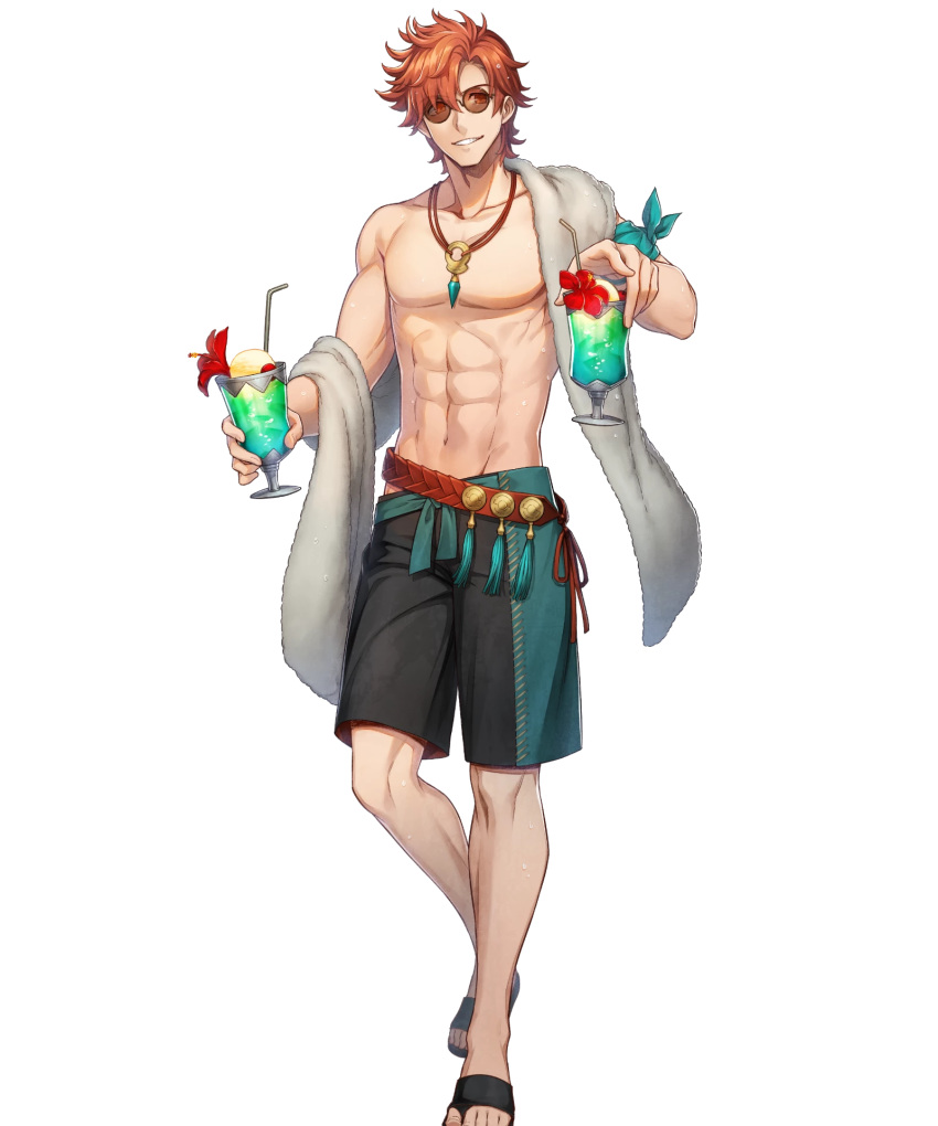 1boy abs argon_(exys) belt drink fire_emblem fire_emblem:_three_houses fire_emblem_heroes flower food full_body highres ice_cream jewelry male_focus navel necklace official_art orange_hair sandals shirtless solo sunglasses swimsuit sylvain_jose_gautier teeth towel transparent_background