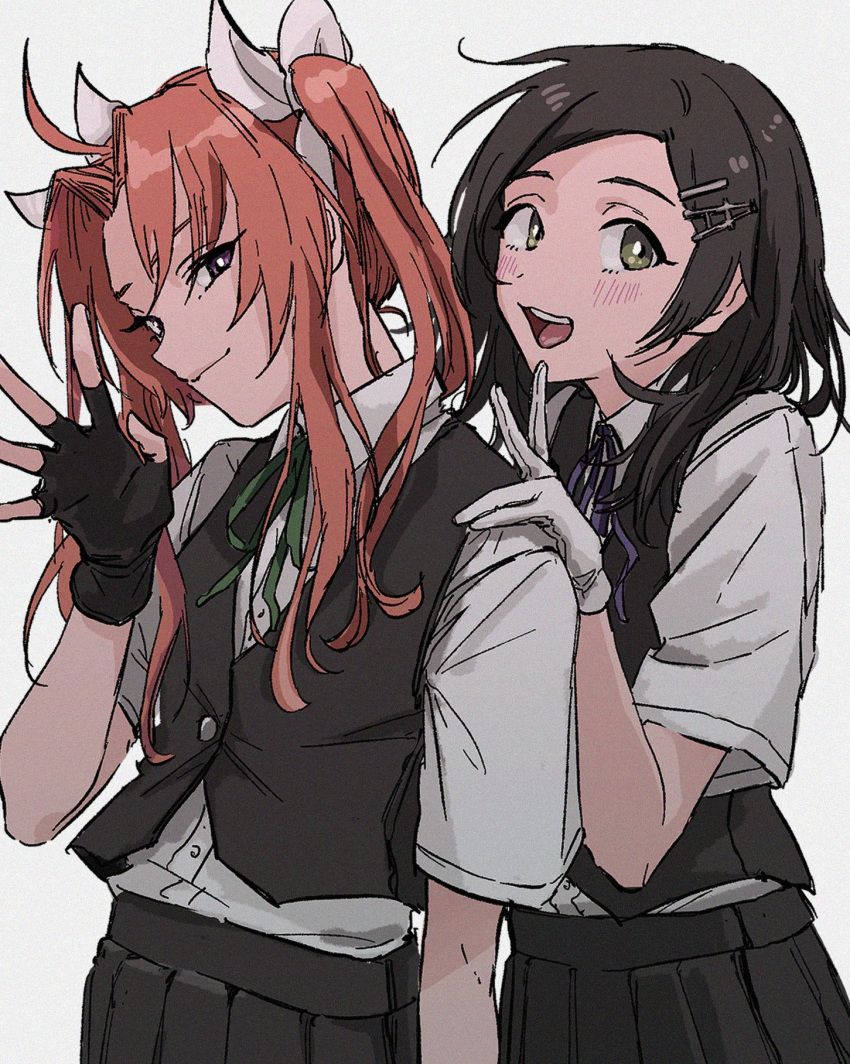 2girls ahoge bangs black_gloves black_hair black_skirt black_vest blush fingerless_gloves gloves green_neckwear grey_background hair_ornament hair_ribbon hairclip highres kagerou_(kantai_collection) kantai_collection kuroshio_(kantai_collection) long_hair multiple_girls neck_ribbon open_mouth orange_hair pleated_skirt purple_neckwear remodel_(kantai_collection) ribbon sailor_collar shirt short_hair short_sleeves simple_background skirt smile twintails v vest white_gloves white_shirt zippo_teifujou