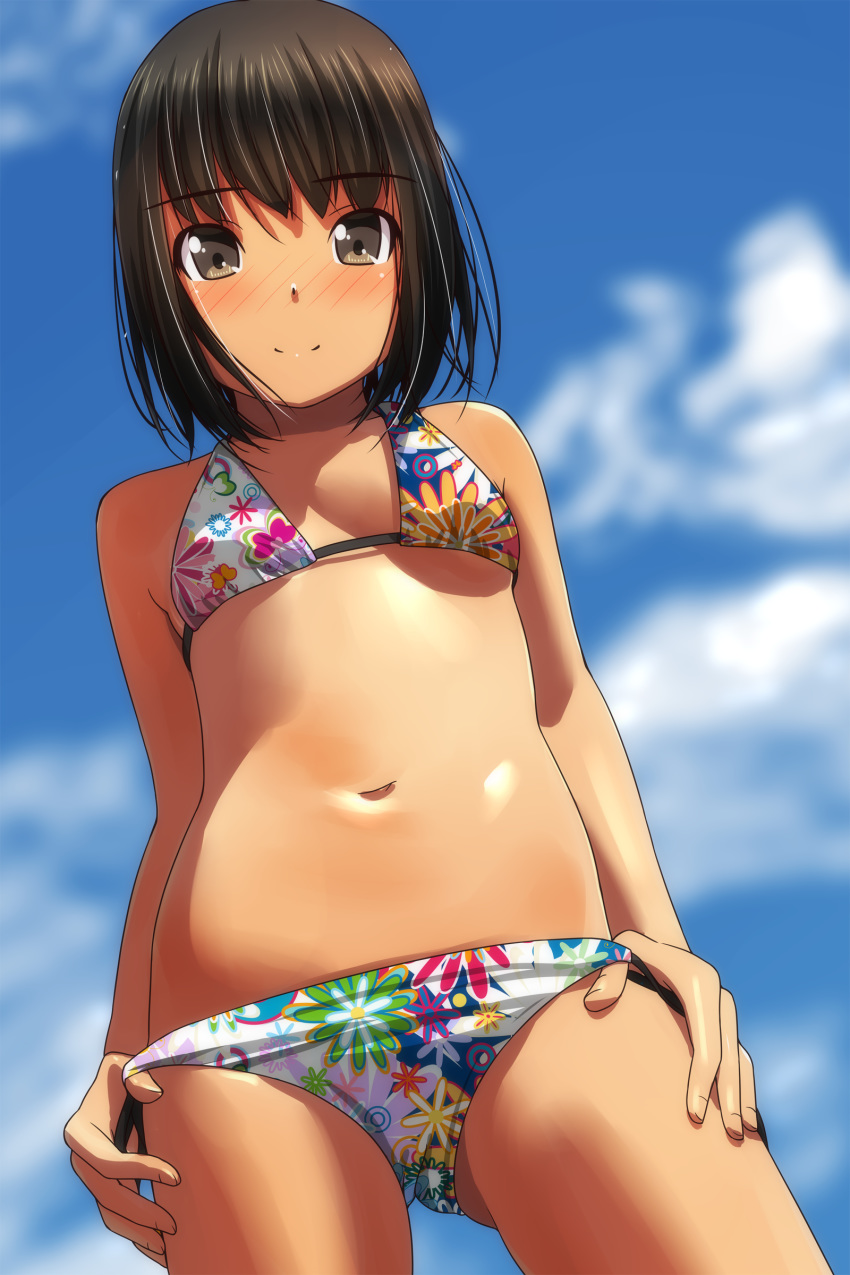 1girl absurdres ass_visible_through_thighs bare_arms bare_shoulders bikini black_hair blue_sky blurry blurry_background blush breasts brown_eyes closed_mouth clouds cloudy_sky cowboy_shot day depth_of_field floral_print highres looking_at_viewer matsunaga_kouyou navel nose_blush original outdoors print_bikini sky small_breasts smile solo standing swimsuit white_bikini