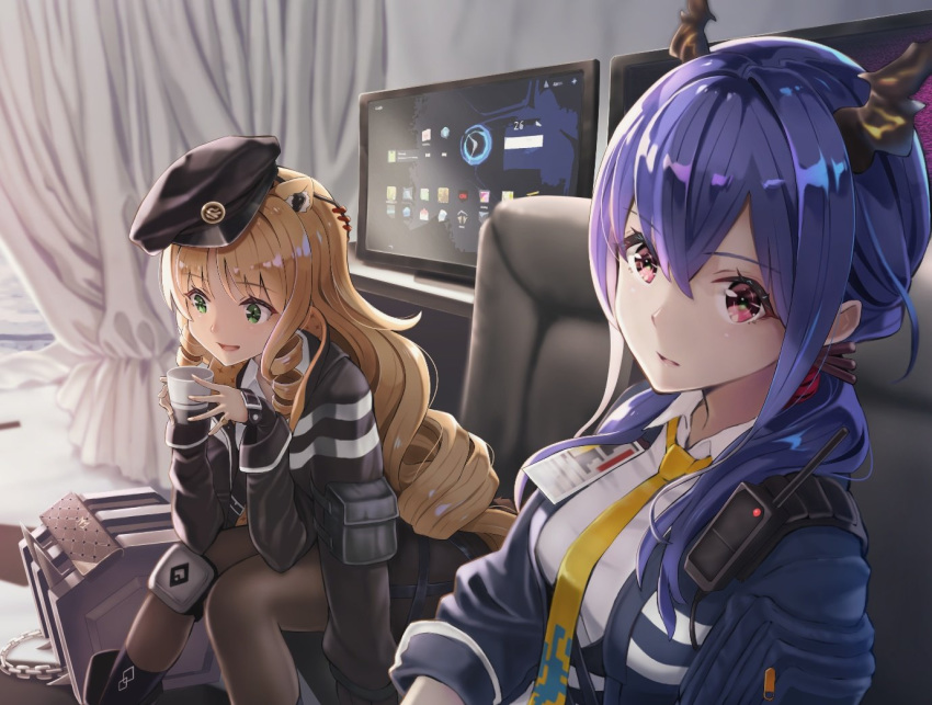 2girls amiya_(arknights) animal_ears arknights arm_pouch bangs black_headwear black_jacket blonde_hair blue_jacket cat_ears ch'en_(arknights) coffee_cup commentary_request cup curtains disposable_cup dragon_horns drill_hair eyebrows_visible_through_hair furniture green_eyes hair_over_shoulder hat holding holding_cup horns hoshiguma_(arknights) hoshizaki_reita id_card jacket kal'tsit_(arknights) knees_together_feet_apart long_hair looking_at_another looking_at_viewer monitor multiple_girls necktie open_clothes open_jacket open_mouth pantyhose parted_lips pink_eyes purple_hair shiny shiny_hair shirt short_sleeves sidelocks sitting smile swire_(arknights) twintails very_long_hair walkie-talkie white_curtains white_shirt wrist_guards yellow_neckwear