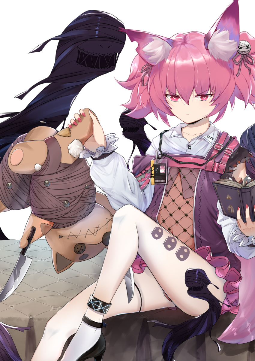 1girl absurdres animal_ear_fluff animal_ears arknights as_yinshimao bangs black_footwear book commentary eyebrows_visible_through_hair feet_out_of_frame fox_ears hair_between_eyes hand_up high_heels highres holding holding_book knife long_sleeves looking_at_viewer nail_polish pink_eyes pink_hair pink_nails shamare_(arknights) short_hair simple_background sitting solo stuffed_animal stuffed_toy thighs twintails v-shaped_eyebrows white_background