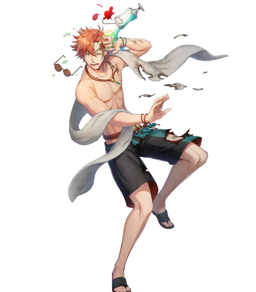 1boy abs argon_(exys) belt bracelet drink eyewear_removed fire_emblem fire_emblem:_three_houses fire_emblem_heroes flower food full_body highres ice_cream jewelry male_focus navel necklace official_art one_eye_closed open_mouth orange_eyes orange_hair sandals shirtless solo sunglasses swimsuit sylvain_jose_gautier teeth torn_clothes towel transparent_background