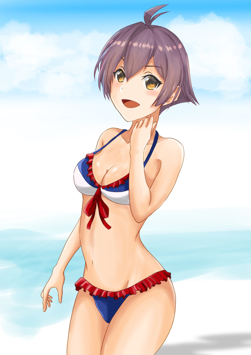 1girl ahoge bikini breasts brown_eyes chuchu_tako commentary_request cowboy_shot frilled_bikini frills highres kantai_collection looking_at_viewer medium_breasts mismatched_bikini navel purple_hair sakawa_(kantai_collection) short_hair smile solo standing swimsuit