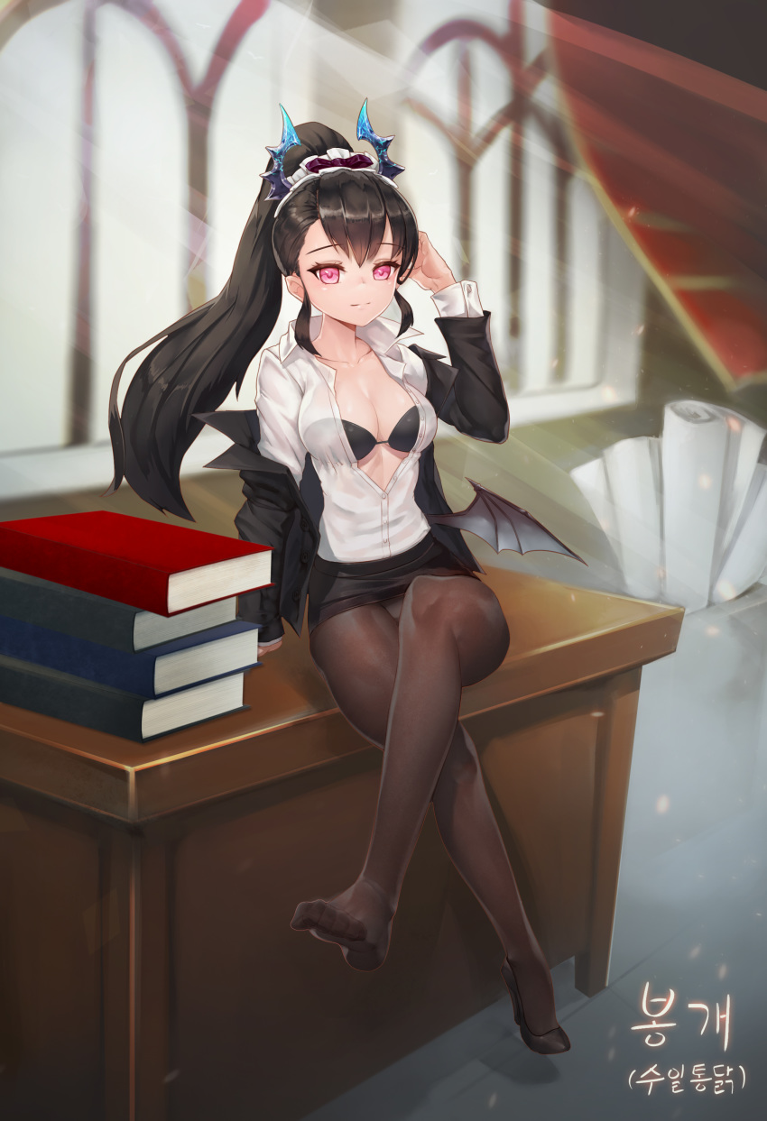 1girl absurdres black_hair black_legwear book bra character_request copyright_request desk doha_skylightscent feet full_body high_heels highres long_hair looking_at_viewer panties pantyhose ponytail red_eyes see-through shirt sitting skirt smile soles thigh-highs underwear white_shirt wings