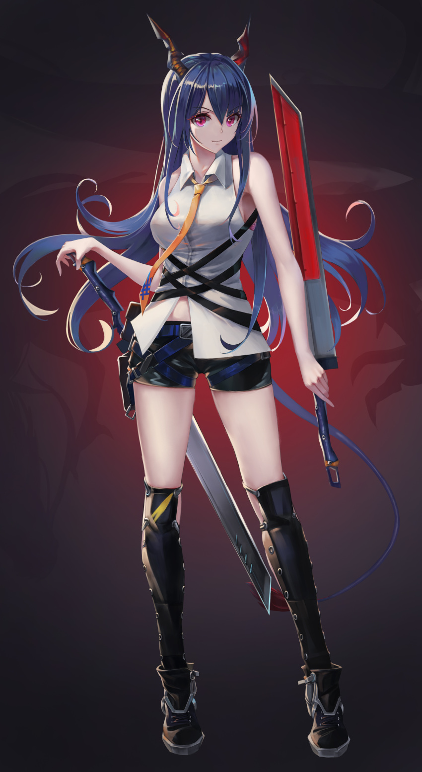 1girl absurdres alternate_hair_length alternate_hairstyle arknights bangs bare_arms bare_shoulders black_footwear black_shorts blue_hair breasts ch'en_(arknights) chinese_commentary commentary_request dragon_horns full_body hair_between_eyes highres holding holding_sword holding_weapon horns long_hair looking_at_viewer medium_breasts necktie nosttat pink_eyes shin_guards shirt shoes short_shorts shorts sleeveless sleeveless_shirt solo standing sword thighs very_long_hair weapon white_shirt yellow_neckwear