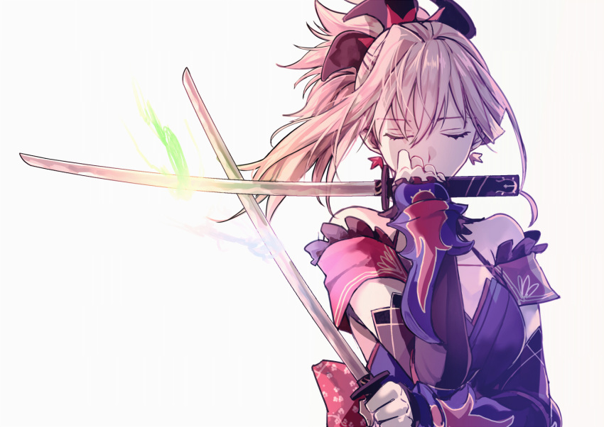1girl asymmetrical_hair bare_shoulders blue_eyes blue_kimono closed_eyes detached_sleeves dual_wielding earrings fate/grand_order fate_(series) fighting_stance hair_ornament holding holding_sword holding_weapon japanese_clothes jewelry katana kimono leaf_print maple_leaf_print miyamoto_musashi_(fate/grand_order) obi pink_hair ponytail sash short_kimono sleeveless sleeveless_kimono solo sword tsengyun unsheathed weapon