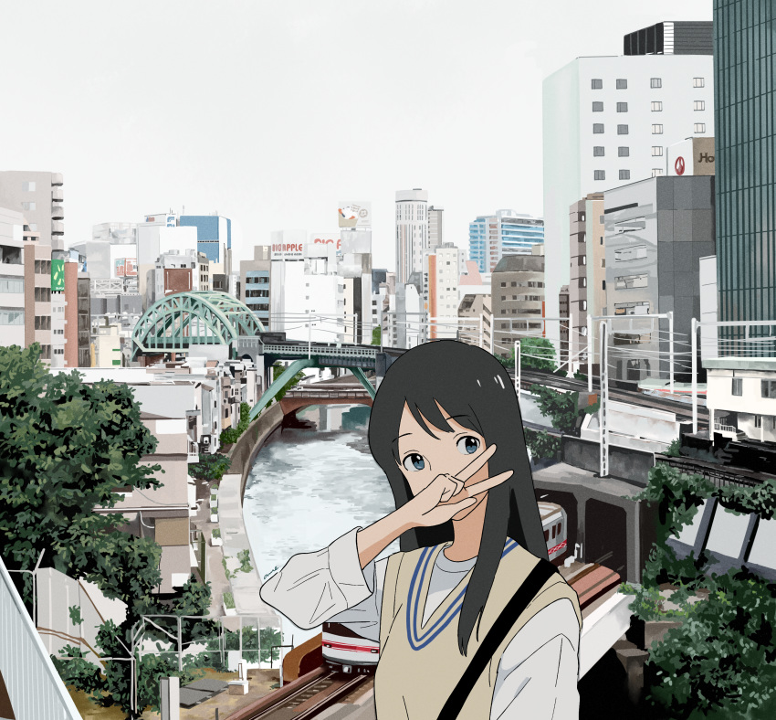1girl absurdres bangs black_hair blue_eyes bridge brown_vest building cityscape commentary eyebrows_visible_through_hair ground_vehicle gumi. highres long_hair original outdoors outstretched_arm power_lines railroad_tracks river scenery self_shot shirt signature solo tokyo_(city) train upper_body v vest white_shirt white_sky