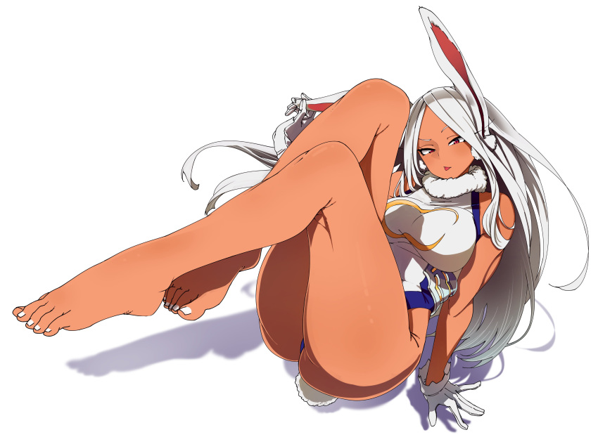 1girl absurdres animal_ears ass bangs barefoot boku_no_hero_academia breasts bunny_tail crescent_print dark_skin feet forehead fur_collar gloves highleg highleg_leotard highres large_breasts legs legs_up leotard long_eyelashes long_hair looking_at_viewer mirko muscle muscular_female parted_bangs rabbit_ears rabbit_girl red_eyes shinomu_(cinomoon) tail taut_leotard thick_thighs thighs tongue tongue_out white_gloves white_hair white_leotard