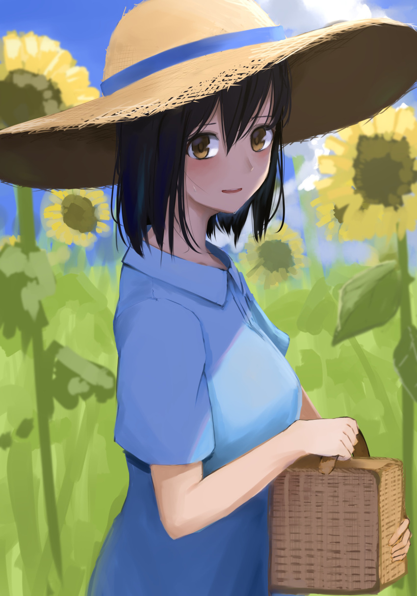 1girl 73suke absurdres alternate_costume basket black_hair blue_dress brown_eyes bush dress flower from_side haguro_(kantai_collection) hair_between_eyes hat highres holding holding_basket kantai_collection picnic_basket short_hair solo straw_hat sunflower upper_body