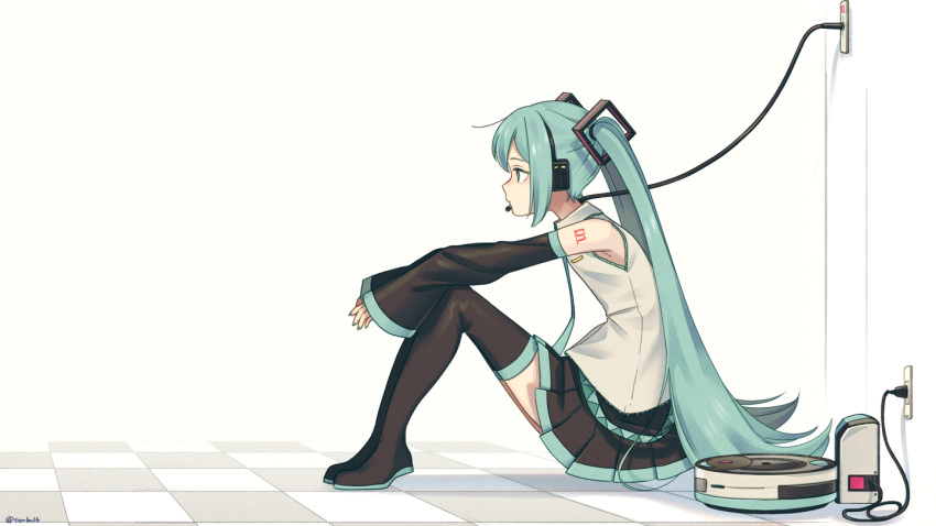 1girl android aqua_eyes aqua_hair aqua_nails aqua_neckwear bare_shoulders black_legwear black_skirt black_sleeves boots cable charging_device commentary detached_sleeves electric_socket expressionless from_side grey_shirt hair_ornament hatsune_miku headphones headset long_hair machine miniskirt nail_polish necktie pleated_skirt plug shirt shoulder_tattoo sitting skirt sleeveless sleeveless_shirt solo symbol_commentary tattoo thigh-highs thigh_boots tile_floor tiles torla16 twintails very_long_hair vocaloid white_background zettai_ryouiki