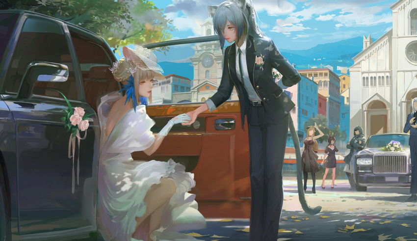 1boy 1other 4girls a-m-one amiya_(arknights) animal_ears arknights arm_behind_back arms_up backless_dress backless_outfit bangs belt black_dress black_legwear blazer blonde_hair blue_hair blue_jacket blue_pants braid braided_bun bride building butterfly_hair_ornament car ceylon_(arknights) chinese_commentary church clapping closed_mouth collared_shirt commentary_request crossed_arms day doctor_(arknights) dress faceless faceless_female flower formal gloves ground_vehicle hair_bun hair_ornament hat hellagur_(arknights) highres holding holding_flower holding_hands horns jacket long_hair meteorite_(arknights) mini_hat motor_vehicle multiple_girls neck_ribbon outdoors pants pantyhose pink_flower pink_rose puffy_short_sleeves puffy_sleeves ribbon rose schwarz_(arknights) shirt short_sleeves sidelocks sitting sleeveless sleeveless_dress smile standing suit tail thumbs_up wedding_dress white_dress white_gloves white_headwear white_shirt wing_collar yellow_eyes yuri