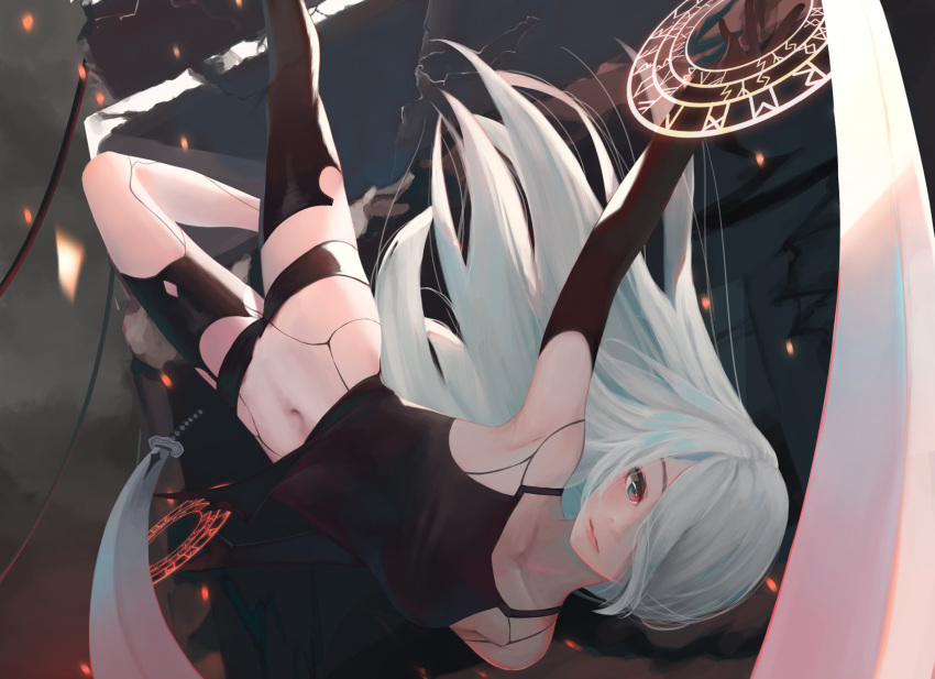 1girl asymmetrical_legwear black_gloves black_legwear black_shirt black_shorts brown_eyes closed_mouth collarbone elbow_gloves floating_hair garter_straps gloves hair_over_one_eye highres long_hair looking_at_viewer magic_circle micro_shorts midriff navel nekobell nier_(series) nier_automata runes shirt shorts silver_hair sleeveless sleeveless_shirt spaghetti_strap stomach sword thigh-highs torn_clothes torn_legwear very_long_hair weapon yorha_type_a_no._2