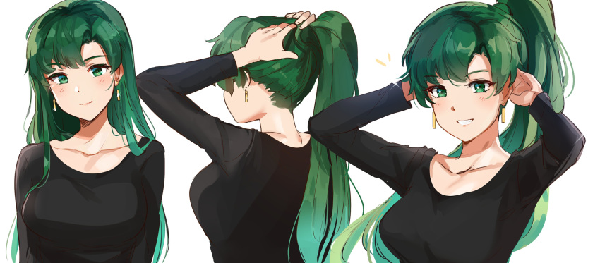 1girl absurdres arms_up bangs black_sweater blush closed_mouth earrings english_text fire_emblem fire_emblem:_the_blazing_blade fire_emblem_heroes from_behind green_eyes green_hair grin high_ponytail highres jewelry long_hair long_ponytail looking_at_viewer lyn_(fire_emblem) ormille smile sweater tying_hair