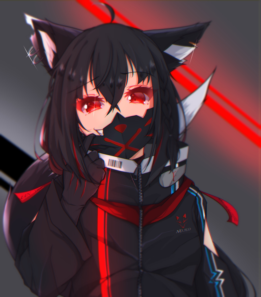 1girl absurdres ahoge animal_ear_fluff animal_ears black_gloves black_hair black_hoodie braid dark_persona ear_piercing evil_grin evil_smile fox_ears fox_girl fox_tail gloves grin highres hololive kurokami_fubuki looking_at_viewer mask mask_pull mouth_mask piercing red_eyes sharp_teeth shirakami_fubuki side_braid smile solo tail teeth temari_maco virtual_youtuber