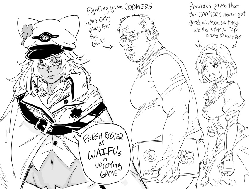 /\/\/\ 1boy 2girls arrow_(symbol) bb_(baalbuddy) breasts closed_mouth commentary dark_skin distracted_boyfriend_(meme) djeeta_(granblue_fantasy) english_commentary english_text gauntlets glasses granblue_fantasy granblue_fantasy_versus guilty_gear guilty_gear_xrd hairband hat highres large_breasts looking_at_viewer multiple_girls navel open_mouth otaku parted_lips peaked_cap ramlethal_valentine short_hair simple_background standing turning_head white_background