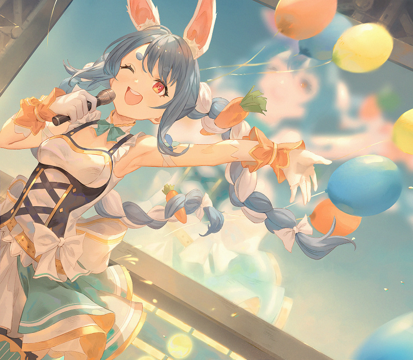 1girl ;d absurdres animal_ear_fluff animal_ears arm_up armpits balloon bangs bare_shoulders blue_hair bow braid breasts carrot_hair_ornament commentary_request dress dutch_angle eyebrows_visible_through_hair food_themed_hair_ornament gawain_(artist) gloves hair_bow hair_ornament hand_up highres holding holding_microphone hololive huge_filesize long_hair microphone multicolored_hair one_eye_closed open_mouth outstretched_arm rabbit_ears red_eyes round_teeth short_eyebrows sleeveless sleeveless_dress small_breasts smile solo teeth thick_eyebrows twin_braids twintails two-tone_hair upper_teeth usada_pekora very_long_hair virtual_youtuber white_bow white_dress white_gloves white_hair wrist_cuffs