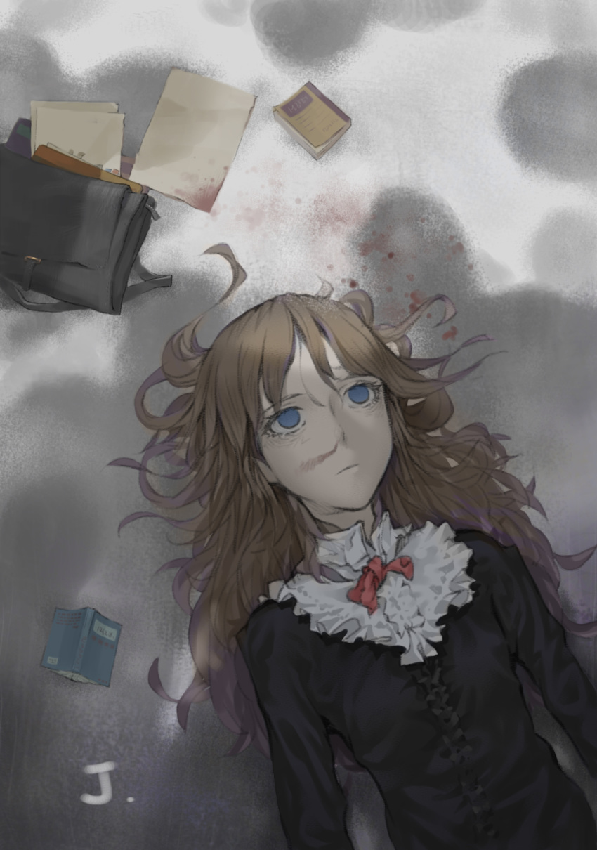 1girl bag bags_under_eyes black_shirt blood blood_stain blue_eyes brown_hair highres long_hair long_sleeves original shadow shirt solo yurayura