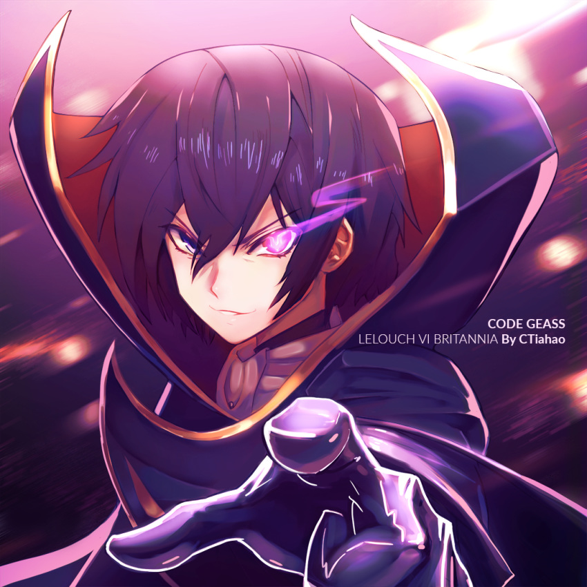1boy artist_name black_hair cape character_name close-up code_geass commentary copyright_name ctiahao geass glowing glowing_eye lelouch_lamperouge looking_at_viewer pointing pointing_at_viewer short_hair solo violet_eyes