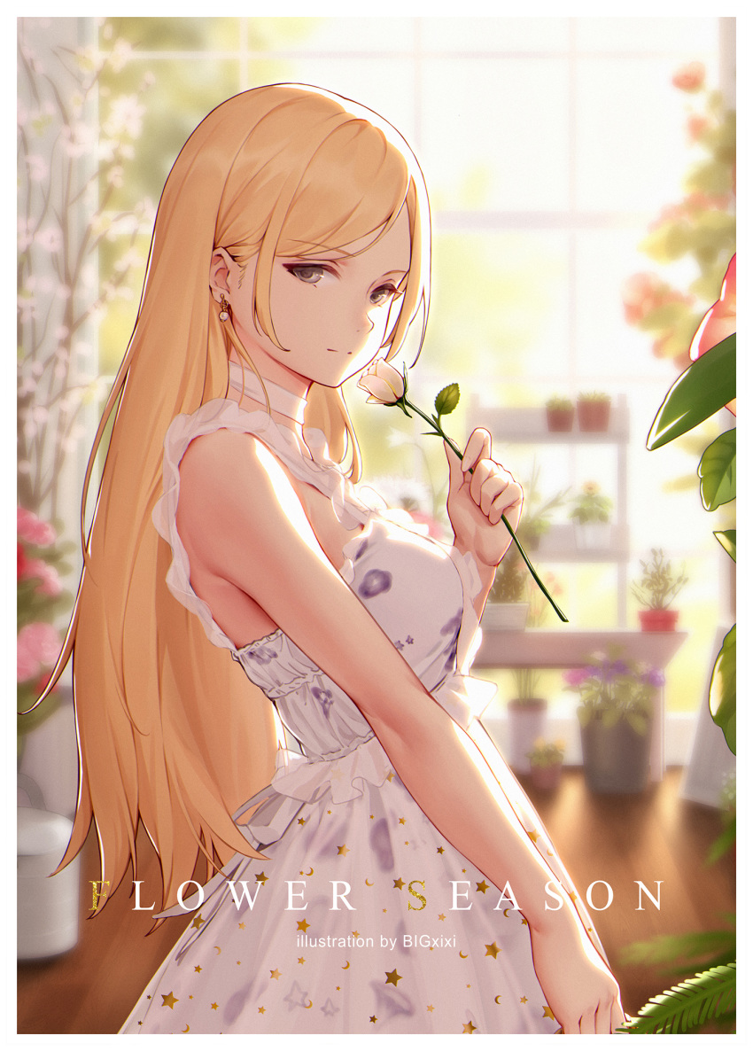 1girl artist_name backlighting blonde_hair blurry blurry_background border breasts brown_eyes choker closed_mouth commentary_request cowboy_shot day depth_of_field dress earrings english_text floral_print flower from_side highres holding holding_flower indoors jewelry long_hair looking_at_viewer looking_to_the_side maou_renjishi medium_breasts original plant potted_plant print_dress rose sleeveless sleeveless_dress smile solo straight_hair sunlight very_long_hair white_border white_choker white_dress white_flower white_rose window