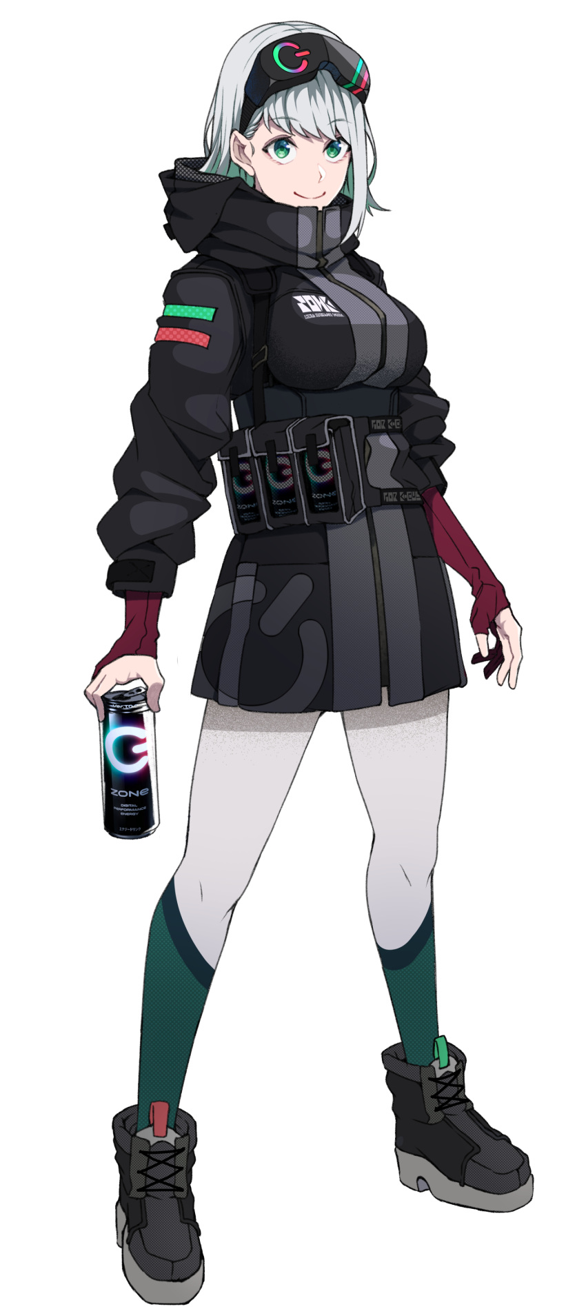 1girl absurdres black_footwear can closed_mouth dive_to_zone energy_drink eyebrows_visible_through_hair fingerless_gloves gloves green_eyes green_legwear grey_hair headgear highres holding holding_can hood hood_down kobaji pouch power_symbol red_gloves simple_background smile solo standing