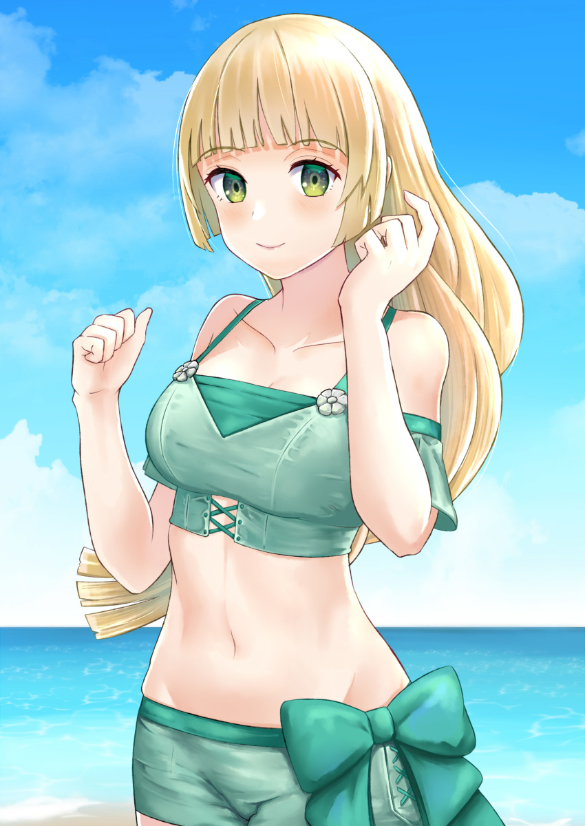 1girl absurdres beach blonde_hair blue_sky bow closed_mouth clouds day fire_emblem fire_emblem:_three_houses fire_emblem_heroes green_eyes highres ingrid_brandl_galatea long_hair midriff outdoors pppepetps sky smile solo swimsuit water