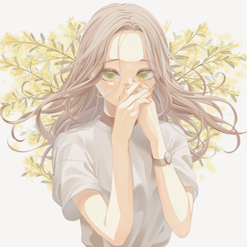 1girl brown_hair covered_mouth floating_hair flower green_eyes grey_shirt highres long_hair looking_at_viewer orange_nails original plant rczxo shirt short_sleeves solo upper_body watch watch yellow_flower