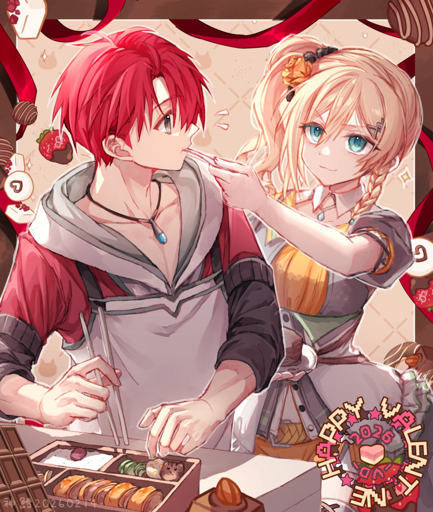 1boy 1girl adol_christin alternate_costume bento blonde_hair bob_cut braid breasts brown_eyes chopsticks closed_mouth dated double-parted_bangs english_text feeding green_eyes hair_between_eyes hair_ornament hairclip happy_valentine highres holding holding_chopsticks holding_plate holding_spoon jewelry karja_balta long_sleeves looking_at_another medium_breasts mixed-language_commentary necklace official_alternate_costume pendant plate red_hair short_sleeves side_braid side_ponytail sidelocks smile spoon standing upper_body valentine willfin ys ys_x:_nordics
