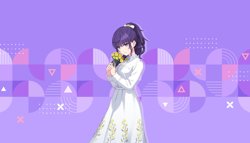 1girl asahina_mafuyu belt blue_eyes bouquet breasts buttons center_frills collared_dress colorful_palette cowboy_shot dot_nose dress expressionless floral_print flower flower_request frills game_cg hair_over_shoulder hair_ribbon hands_up high_ponytail highres hodokenu_ashita_ni_te_wo_nobashite_(project_sekai) long_sleeves looking_at_flowers medium_breasts multicolored_eyes official_alternate_costume official_alternate_hair_ornament official_art pink_background ponytail project_sekai purple_background purple_hair purple_theme ribbon sleeve_cuffs solo third-party_source triangle two-tone_background two-tone_eyes upper_body violet_eyes wavy_hair wavy_sidelocks white_belt white_dress white_ribbon yellow_flower