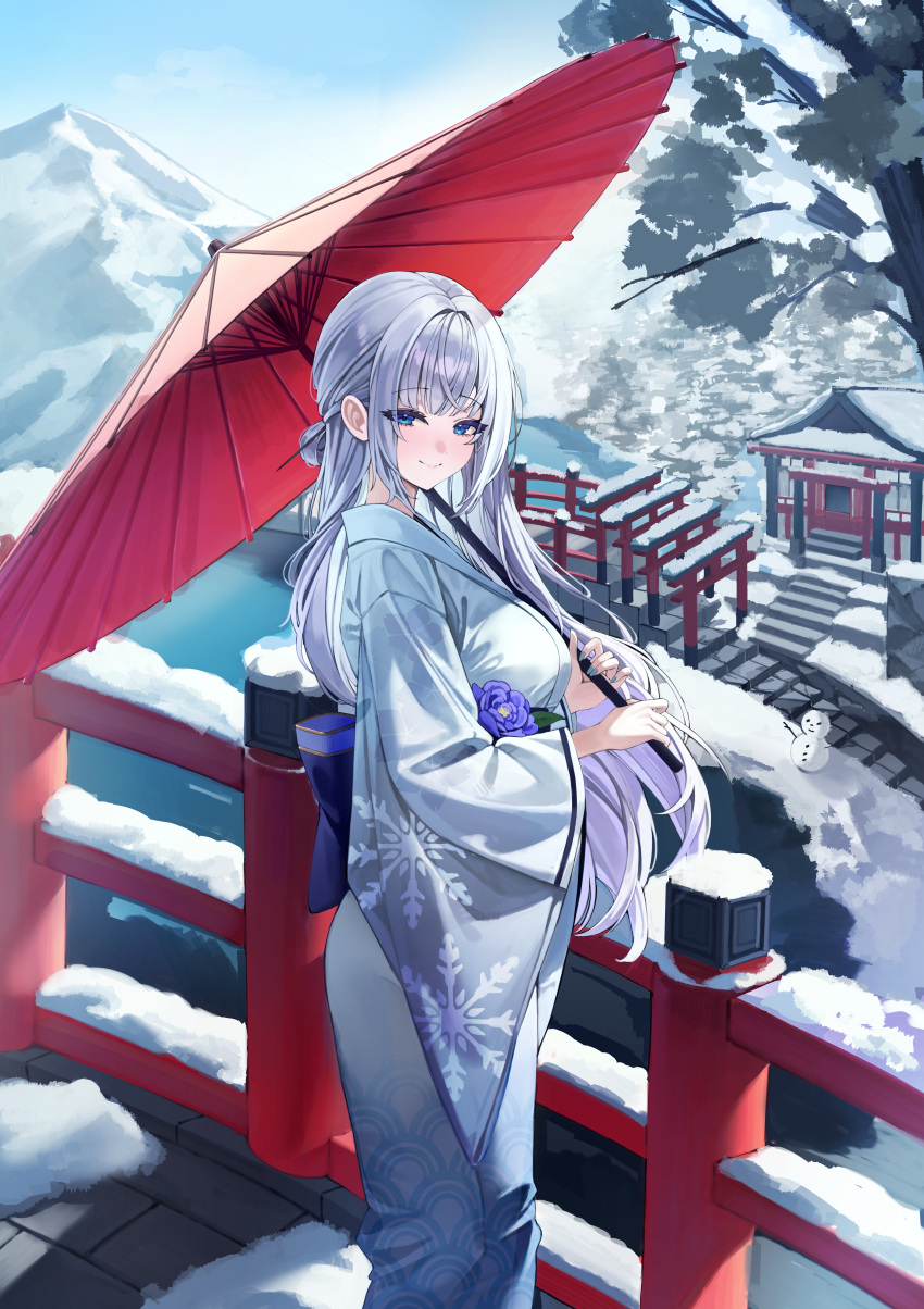 1girl absurdres akamin435 blue_eyes breasts bridge commentary flower grey_hair highres japanese_clothes kimono lake long_hair looking_at_viewer looking_to_the_side medium_breasts mountain multiple_torii obi oil-paper_umbrella original purple_flower railing red_umbrella sash shrine sidelocks sky snow snowflake_print snowman solo standing torii tree umbrella white_kimono wide_sleeves winter yuki_onna