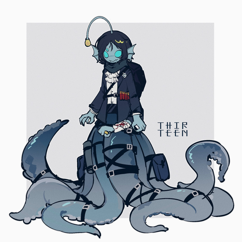 1boy alternate_species anglerfish_boy ascot bandaged_arm bandages black_hair black_jacket blood blood_on_bandages blue_eyes blue_skin chinese_commentary colored_skin commentary_request english_text extra_arms extra_eyes fangs fins full_body grey_background head_fins highres illicium jacket kuame_03 looking_at_viewer male_focus monster_boy octopus_boy pressure_(roblox) sebastian_solace short_hair simple_background skin_fangs solo tentacles white_ascot