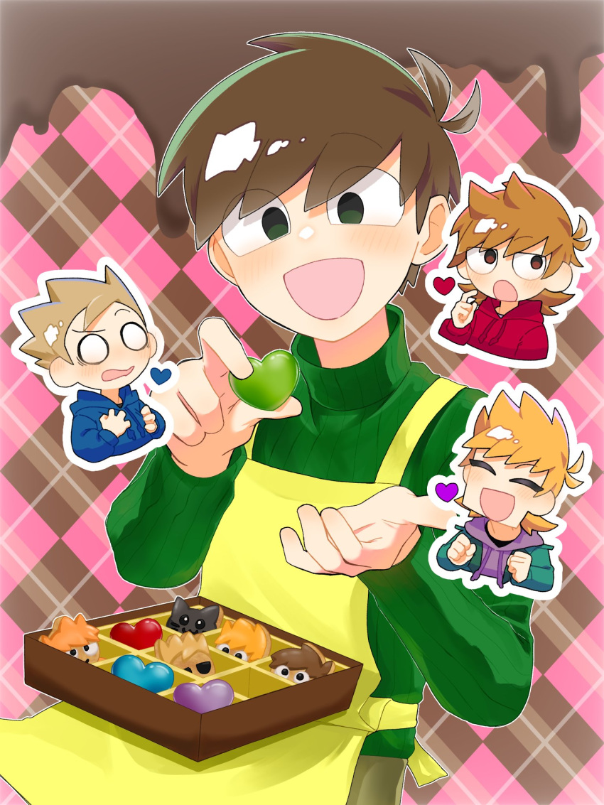 4boys :d :o ^_^ alternate_costume antenna_hair apron bilingual_commentary blue_hoodie blush box box_of_chocolates brown_hair candy character-themed_food chibi chibi_inset chocolate closed_eyes commentary drawstring edd_(eddsworld) eddsworld english_commentary fewer_digits flipped_hair food green_eyes green_jacket green_sweater hair_behind_ear hair_ears heart heart-shaped_chocolate heart-shaped_food highres holding hood hood_down hoodie implied_yaoi incoming_food jacket long_sleeves looking_at_viewer male_focus matt_(eddsworld) mixed-language_commentary multiple_boys o_o open_clothes open_jacket open_mouth orange_hair purple_hoodie red_hoodie ringo_(eddsworld) roshii_(ionlw0gynh24926) short_hair smile spiky_hair sweater tom_(eddsworld) tord_(eddsworld) turtleneck turtleneck_sweater valentine yellow_apron