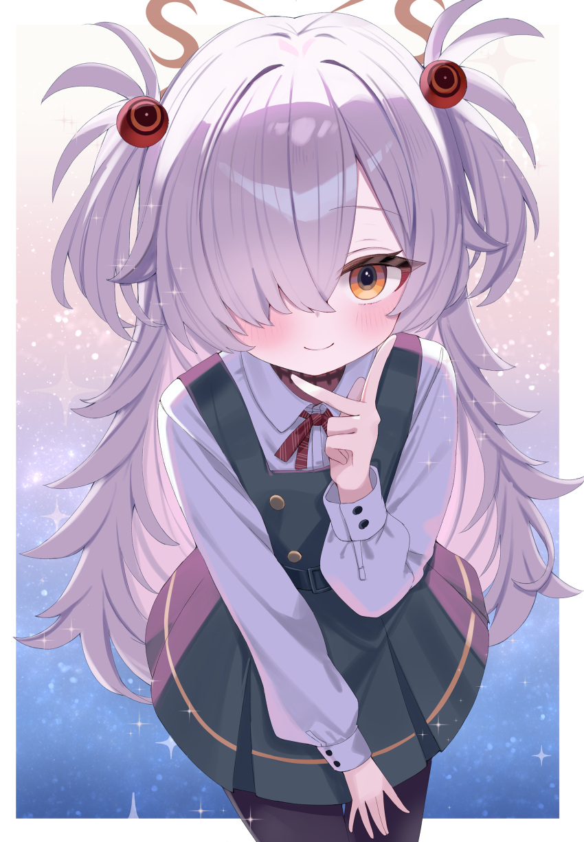 1girl absurdres blue_archive brown_ribbon diagonal-striped_ribbon dress eyeball_hair_ornament flat_chest grey_hair hair_over_one_eye halo highres kanoe_(blue_archive) long_hair looking_at_viewer multicolored_eyes orange_eyes orange_halo pinafore_dress ribbon scar scar_on_neck sleeveless sleeveless_dress smile two-tone_eyes two_side_up yatani_row