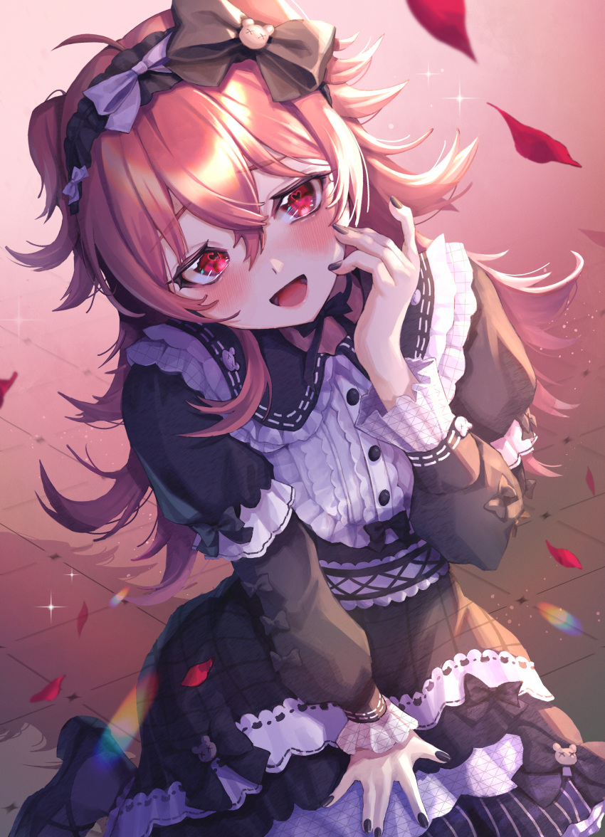 1girl :d absurdres bib_collar black_choker black_dress black_nails blush bow_hairband braid buttons center_frills choker commentary_request deego_(omochi_bazooka) dress falling_petals frilled_hairband frilled_sleeves frills hair_between_eyes hairband half_up_braid hand_on_own_thigh heart heart-shaped_pupils highres idolmaster idolmaster_shiny_colors juliet_sleeves kneeling komiya_kaho layered_dress lolita_hairband long_dress long_hair long_sleeves looking_at_viewer nail_polish on_floor open_mouth petals puffy_sleeves red_eyes red_hair ribbon_choker shikuwata smile solo symbol-shaped_pupils two_side_up yandere yandere_trance