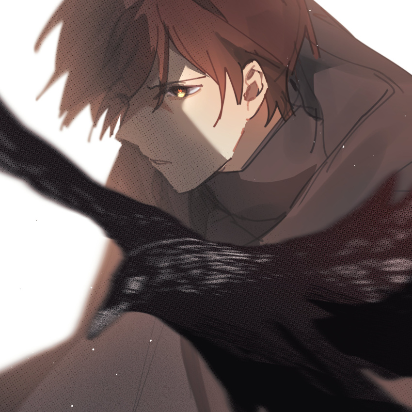1boy absurdres animal bird brown_cloak brown_eyes brown_hair cloak commentary crow dreamycakesss english_commentary from_side highres male_focus original parted_lips short_hair simple_background solo upper_body white_background