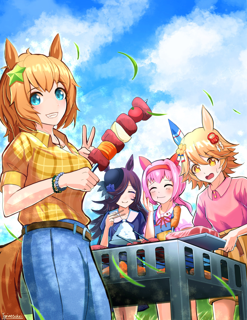 +_+ 4girls absurdres animal_ears blue_eyes blue_flower blue_overalls blue_rose blue_shirt blue_sky blush bow bracelet breasts brown_hair brown_shorts carrot casual chopsticks closed_eyes closed_mouth clouds clover_hair_ornament collarbone commentary_request cooking daruma_doll daruma_doll_hair_ornament denim ear_covers flipped_hair flower food four-leaf_clover_hair_ornament grill grilling grin hair_between_eyes hair_ornament hair_over_one_eye hairband haru_urara_(casual)_(umamusume) haru_urara_(umamusume) hat hat_flower headband highres holding holding_chopsticks holding_food holding_tray horse_ears horse_girl horse_tail jeans jewelry large_breasts long_hair long_sleeves looking_at_viewer matikanefukukitaru_(casual)_(umamusume) matikanefukukitaru_(umamusume) meat multiple_girls open_mouth orange_hair outdoors overall_shorts overalls pants pink_hair pink_headband pink_shirt plaid_clothes plaid_shirt plate ponytail red_headband ribbon rice rice_shower_(umamusume) rose shirt shish_kebab short_hair short_sleeves shorts single_ear_cover sky small_breasts smile star_(symbol) star_hair_ornament sweatdrop taiki_shuttle_(casual)_(umamusume) taiki_shuttle_(umamusume) tail teeth tilted_headwear torinosukei tray umamusume v