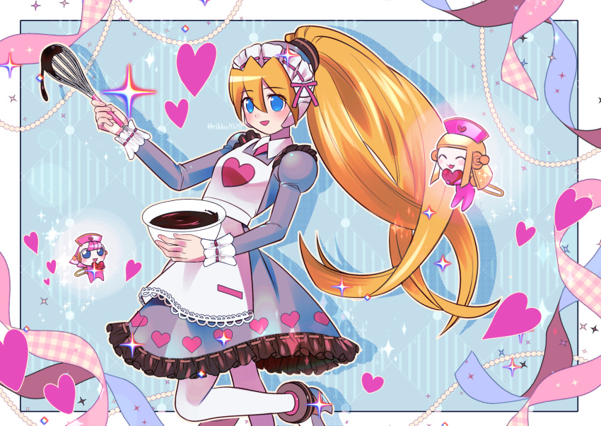 3girls blonde_hair blue_background blue_eyes border chocolate ciel_(mega_man) cowboy_shot cyber_elf_(mega_man) high_ponytail highres mega_man_(series) mega_man_x_(series) mega_man_x_dive mega_man_zero_(series) multiple_girls official_alternate_costume ponytail rikka_(user_hruv2435) solo_focus white_border