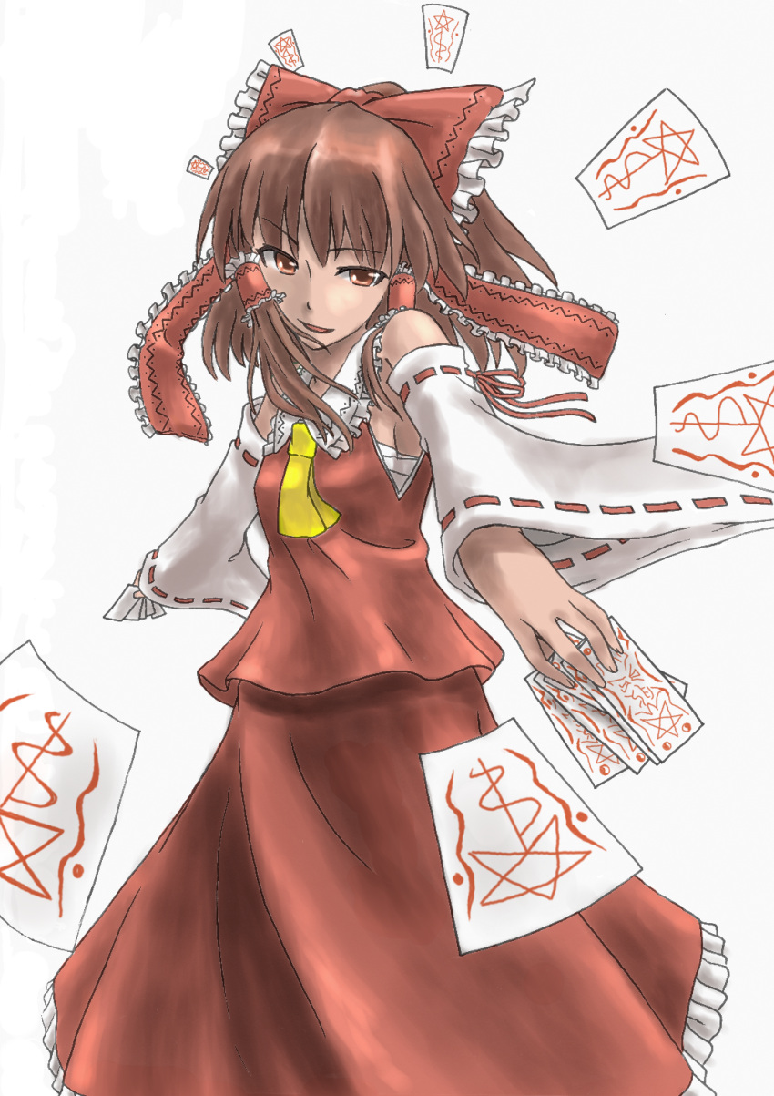 :d bow brown_hair detached_sleeves dual_wielding flat_chest frills hair_bow hair_ornament hair_tubes hakurei_reimu highres japanese_clothes kenji long_hair miko necktie ofuda open_mouth orange_eyes ponytail ribbon ribbons sarashi simple_background skirt smile solo standing touhou wide_sleeves