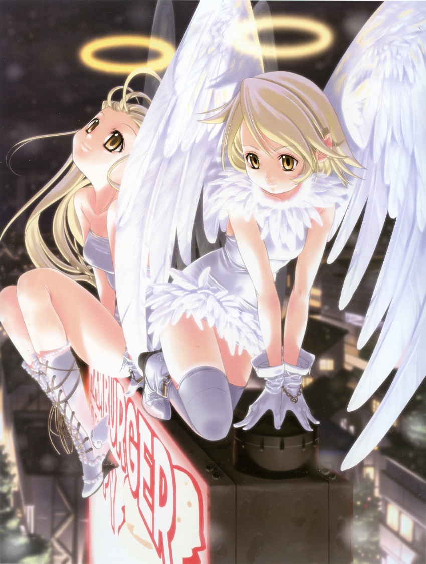 absurdres angel artist_request blonde_hair boots dress gloves halo highres multiple_girls sumomo_kpa thigh-highs thighhighs white wings yellow_eyes zettai_ryouiki