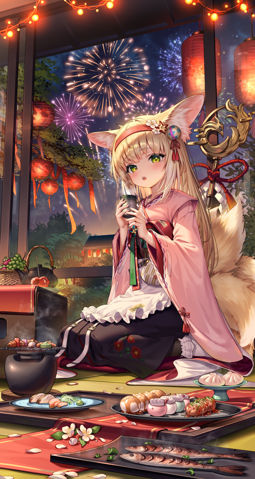 1girl absurdres aerial_fireworks animal_ears apron arknights artist_request black_hakama blonde_hair chinese_commentary colored_tips commentary_request commission cup fireworks food food_request fox_ears fox_girl fox_tail frilled_apron frills green_eyes hairband hakama highres holding holding_cup japanese_clothes kimono kitsune kyuubi long_hair long_sleeves looking_at_viewer multicolored_hair multiple_tails official_alternate_costume open_mouth pink_kimono pinwheel red_hairband second-party_source seiza sitting skirt socks solo suzuran_(arknights) suzuran_(yukibare)_(arknights) tail waist_apron white_apron white_hair white_socks wide_sleeves yagasuri yunomi