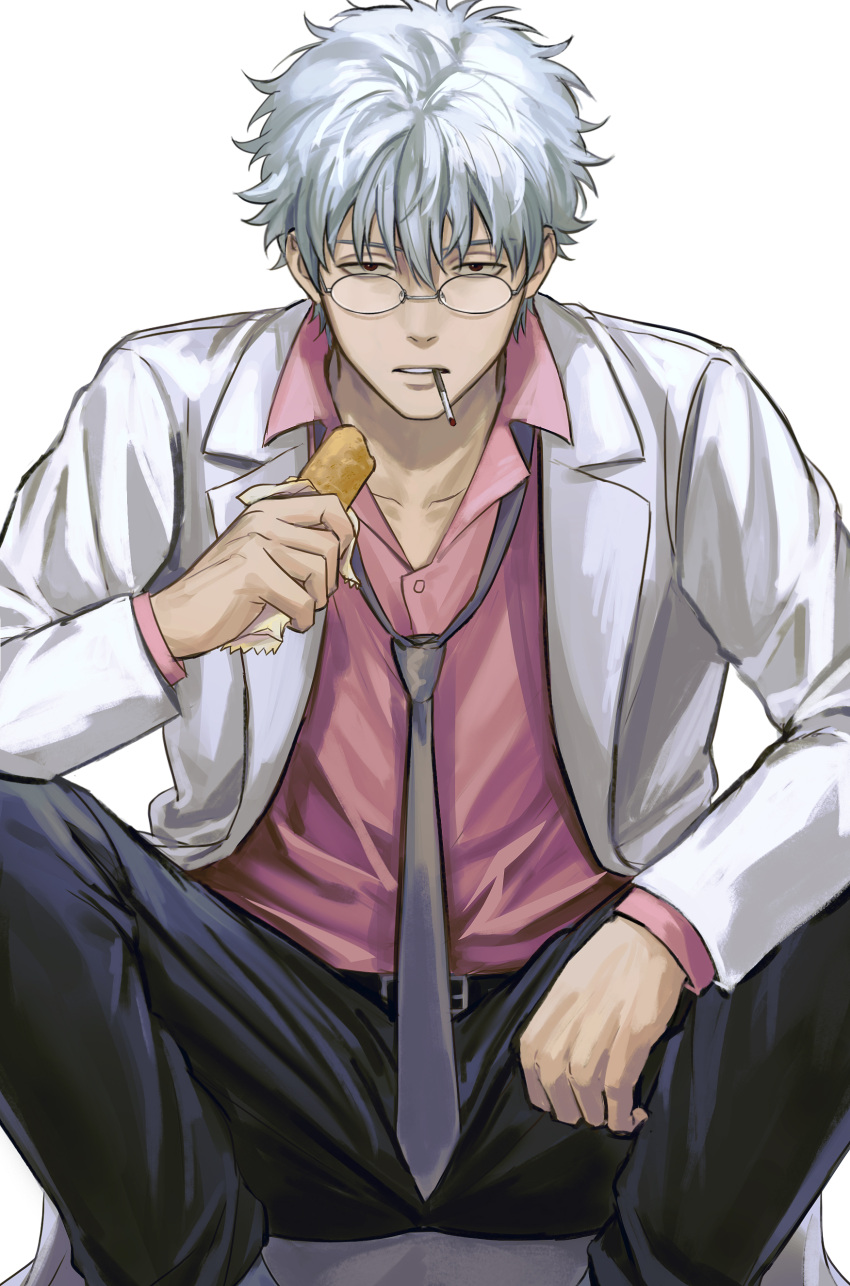 1boy absurdres belt bin_(binonep) black_belt black_pants cigarette collared_shirt feet_out_of_frame food gintama glasses grey_necktie highres holding holding_food jacket knees_up looking_at_viewer loose_necktie male_focus mouth_hold necktie pants pink_shirt sakata_gintoki shirt short_hair simple_background sitting solo white_background white_hair white_jacket