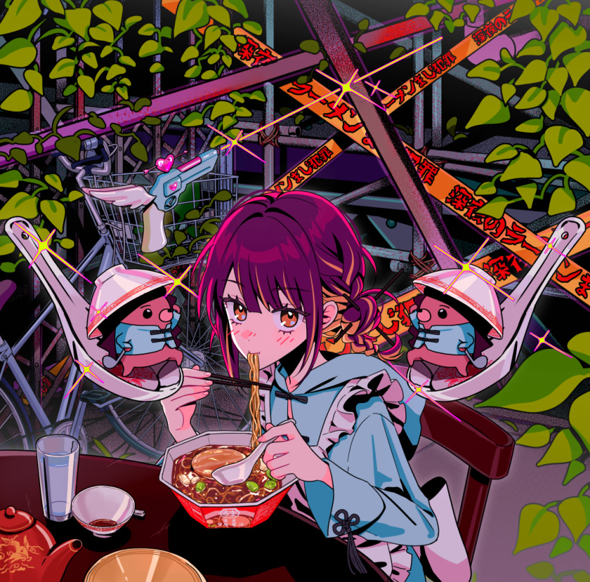 1girl apron bicycle blue_jacket braid brown_eyes brown_hair chinese_clothes chopsticks colored_inner_hair commentary_request cute_weapon eating fingernails food glasses gun hedgehog holding holding_chopsticks holding_spoon hood hood_down hooded_jacket instant_cup_noodles instant_noodles jacket leaf long_sleeves looking_afar looking_at_viewer maid_apron mirror_tune_(zutomayo) multicolored_hair myon_(tokipi) nira-chan nira-chan_(mirror_tune)_(zutomayo) nissin_raoh noodles official_alternate_costume official_alternate_hair_color official_alternate_hairstyle orange_hair spoon streaked_hair table uniguri_(zutomayo) weapon white_apron zutto_mayonaka_de_ii_no_ni