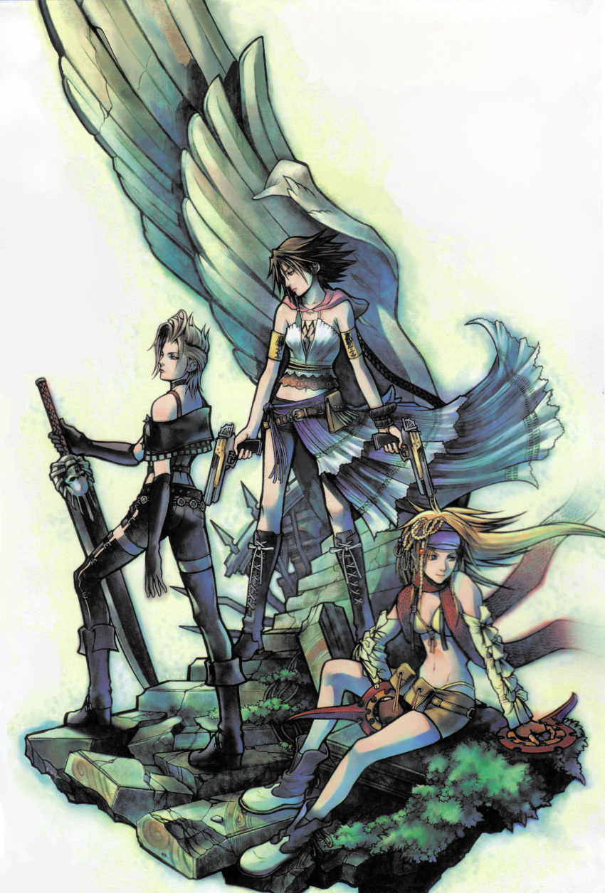 3girls absurdres arm_support armband bandana belt belt_pouch bikini_top blonde_hair boots braid braids brown_hair choker closed_mouth cross-laced_footwear dagger detached_sleeves dual_guns dual_wielding female final_fantasy final_fantasy_x final_fantasy_x-2 full_body gloves gun hair_beads headwear highres holding holding_gun holding_sword holding_weapon hood hood_down knee_boots lace-up_boots looking_away looking_to_the_side midriff miniskirt multiple_girls nomura_tetsuya off_shoulder official_art paine rikku scan scarf short_shorts shorts showgirl_skirt sitting skirt skull sleeveless standing sword weapon yuna