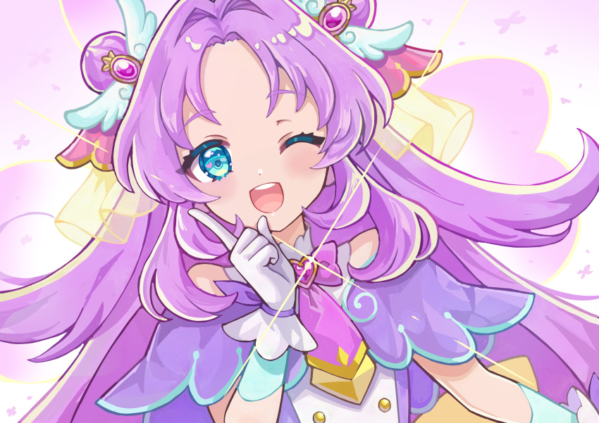 1girl absurdres ahoge akechi_anna blue_eyes bow brooch commentary cure_answer dot_nose double_bun dress fingerless_gloves gloves hair_bun hair_intakes hair_ornament heart heart_brooch heart_in_eye highres jewelry long_hair looking_at_viewer magical_girl meitantei_precure! one_eye_closed open_mouth pouch precure purple_bow purple_dress purple_hair purple_theme shiny_skin smile solo symbol_in_eye upper_body usamaru67pi very_long_hair white_gloves