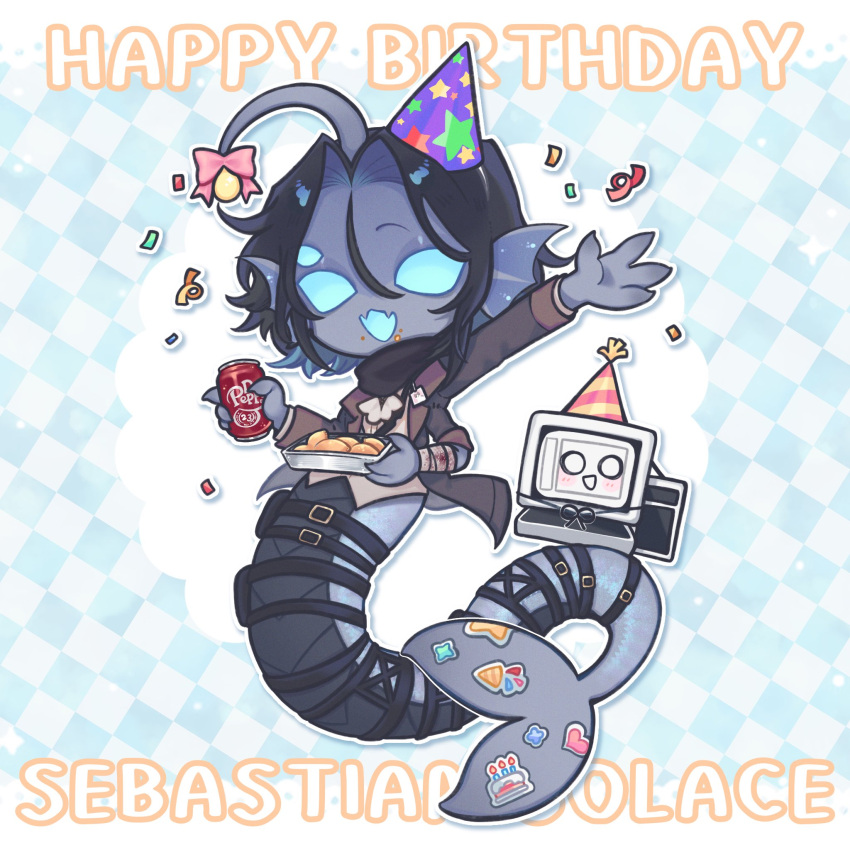 1boy anglerfish_boy ascot bandaged_arm bandages blood blood_on_bandages blue_background blue_eyes blue_skin brown_coat can checkered_background chibi coat colored_skin computer confetti crt dr_pepper drink_can english_commentary english_text extra_arms extra_eyes fangs fins food food_on_face full_body happy_birthday hat head_fins highres holding holding_can illicium looking_at_viewer male_focus merman monitor monster_boy painter_(pressure) party_hat pressure_(roblox) sebastian_solace skin_fangs soda_can solo sticker yoona_cwc